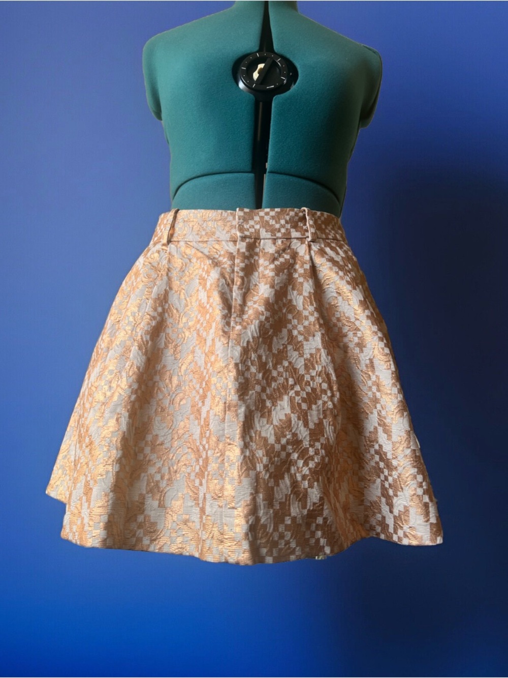 Metallic Gold A Line Tapestry Pleated Zipper Elastic mini Skirt SMALL